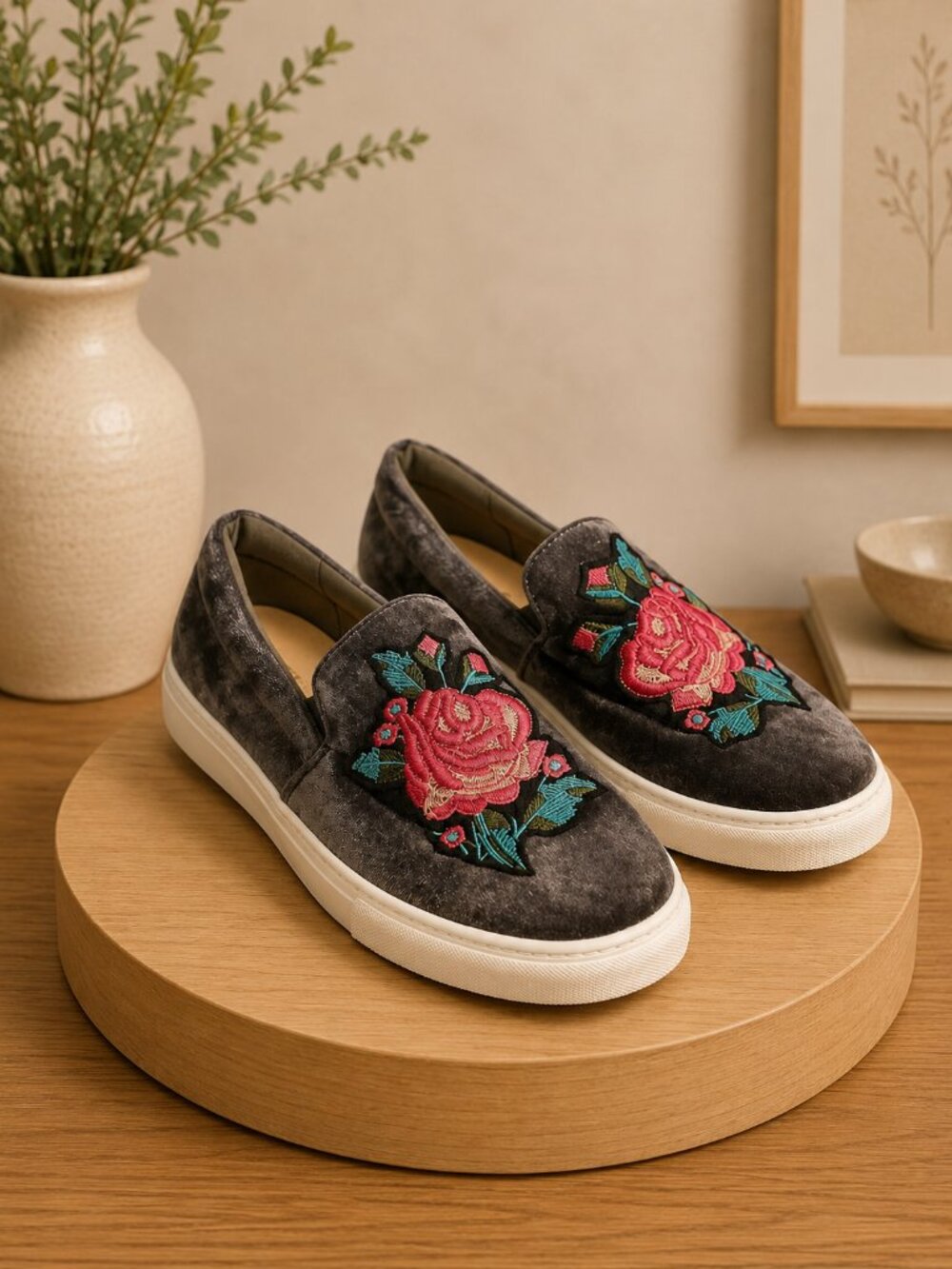 Dirty Laundry Grey Velvet Rose Embroidered Platform Flats Floral Grandmacore